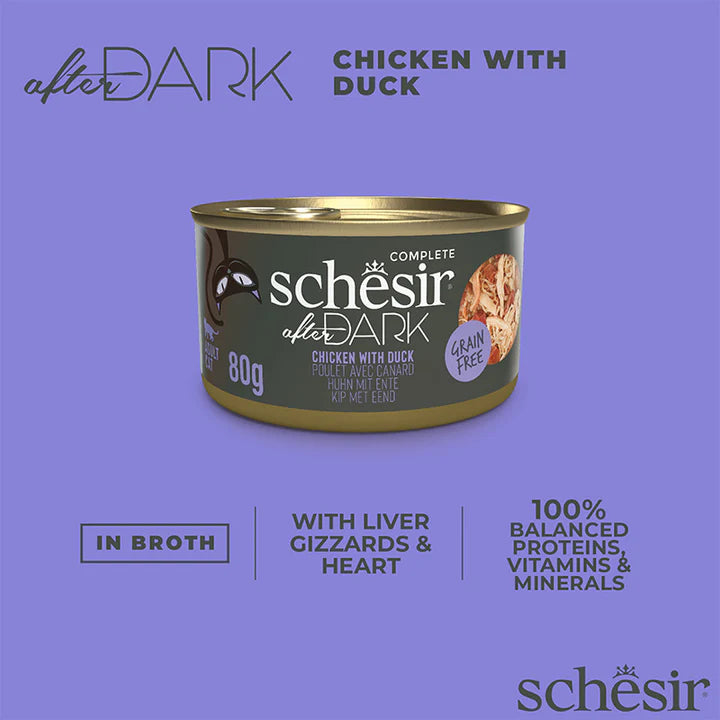 Schesir - After Dark系列 - 雞肉鴨肉配方無穀肉絲主食罐 80g (每24罐@$14.5, 48罐@$14可混其他同價Schesir罐)