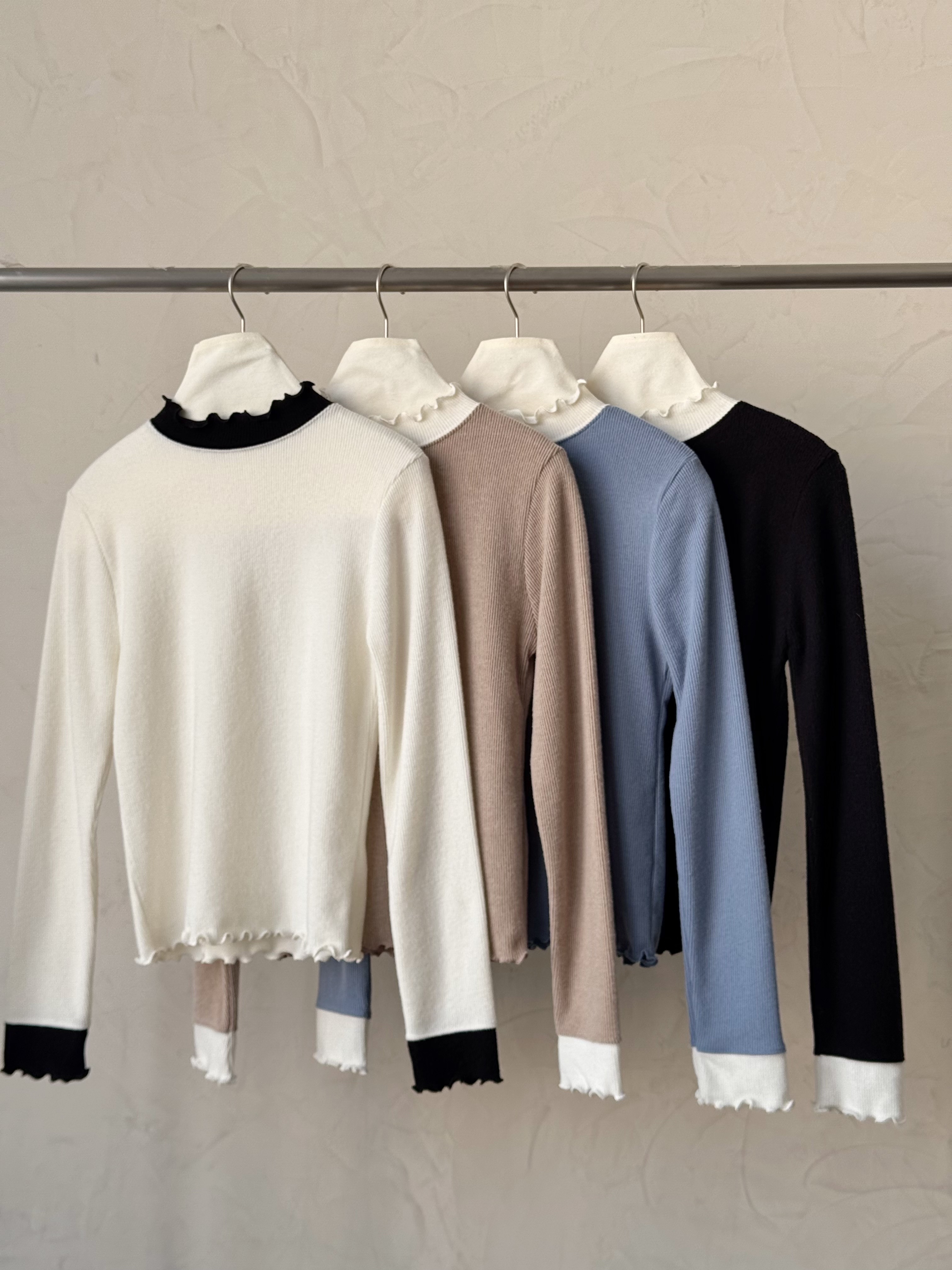 KR474 高領拼色木耳邊上衣TOP-4色