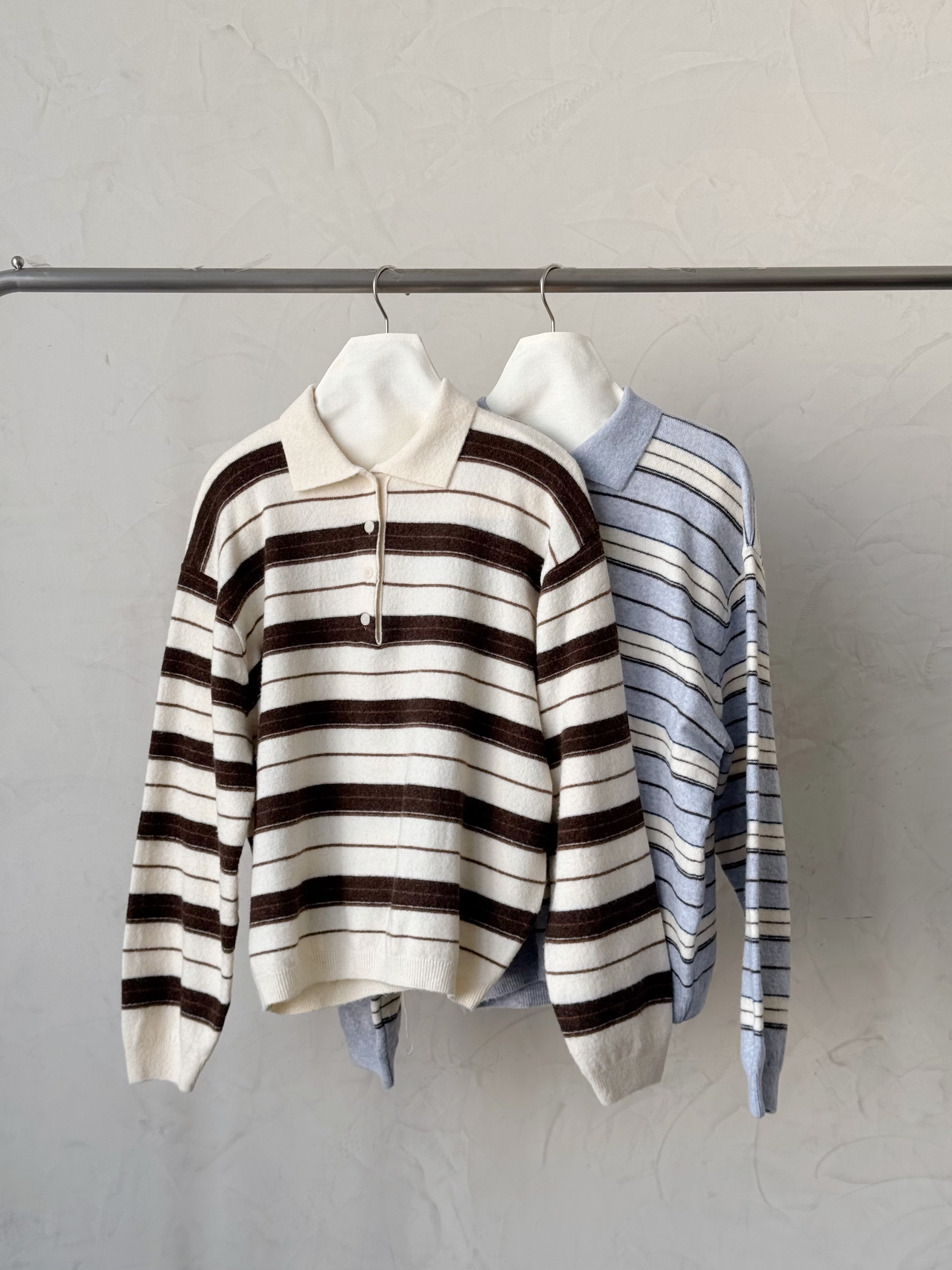 KR473 撞色條紋軟糯翻領上衣TOP-2色