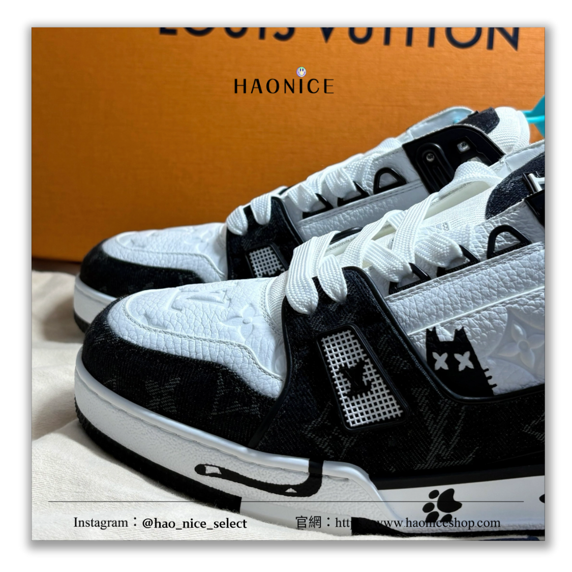 【HAO NICE】惡作劇訂製款🔥Louis Vuitton LV Trainer 經典老花 可愛貓咪元素 牛皮 板鞋 休閒鞋