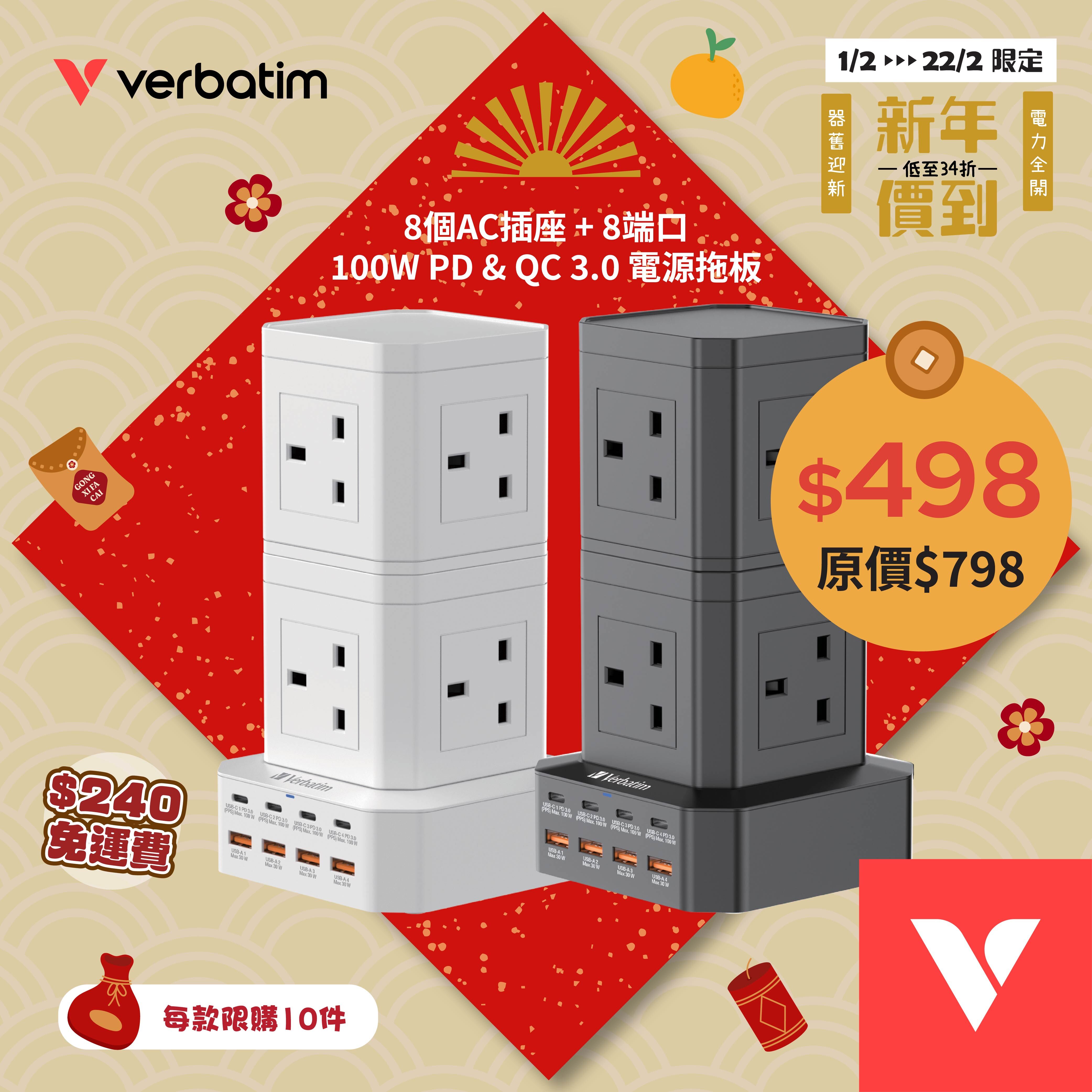 8個AC插座 + 8端口 100W PD & QC 3.0 電源拖板