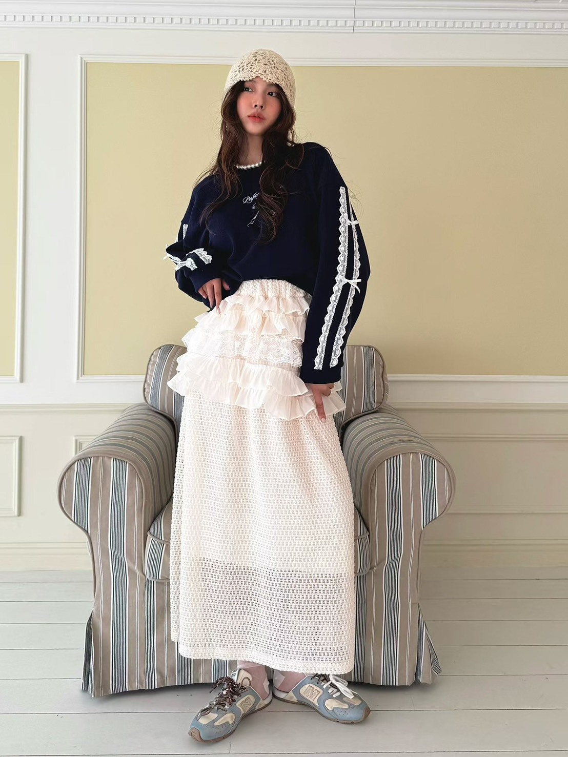 蛋糕裙拼接編織長裙