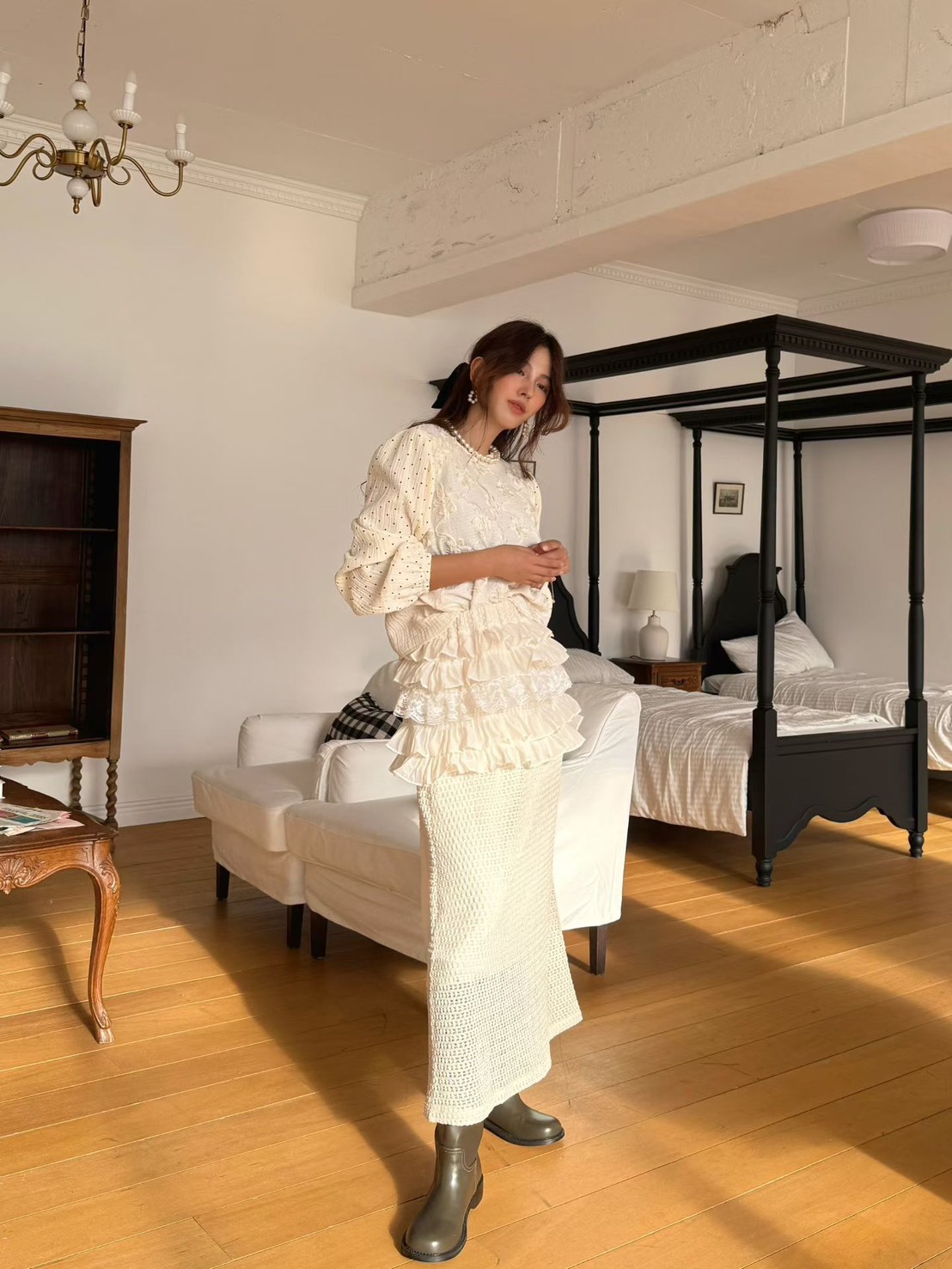 蛋糕裙拼接編織長裙