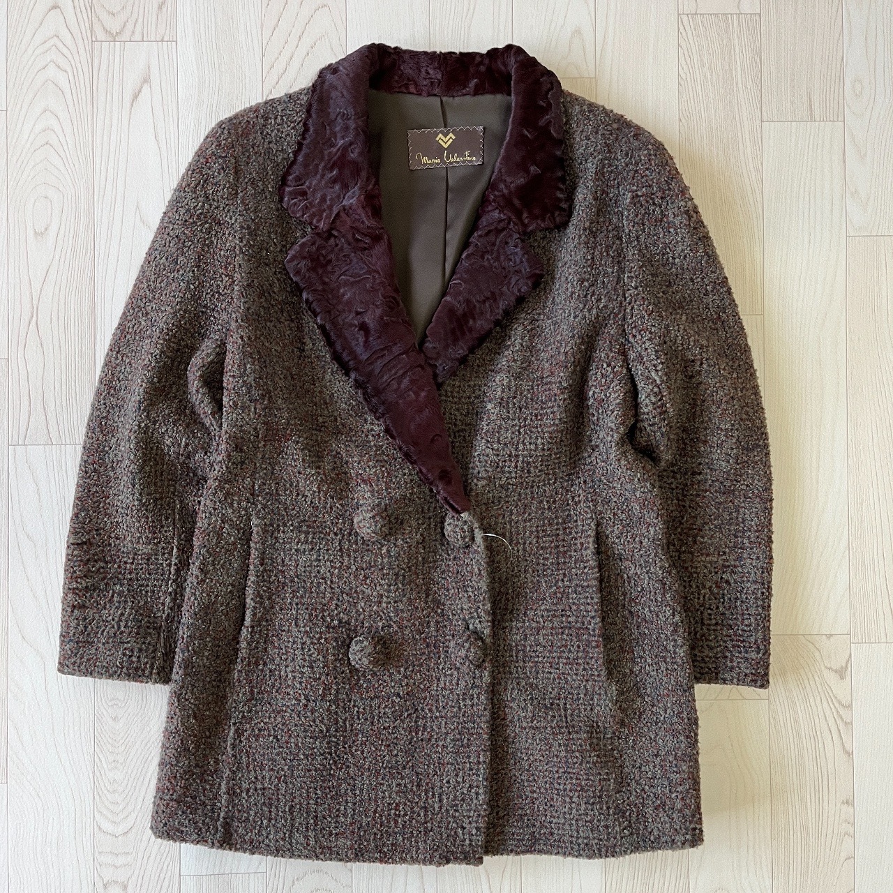 灰紫色拼啡色立體毛絨暗花領古著外套