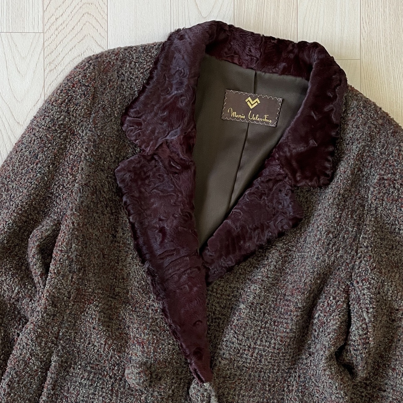 灰紫色拼啡色立體毛絨暗花領古著外套