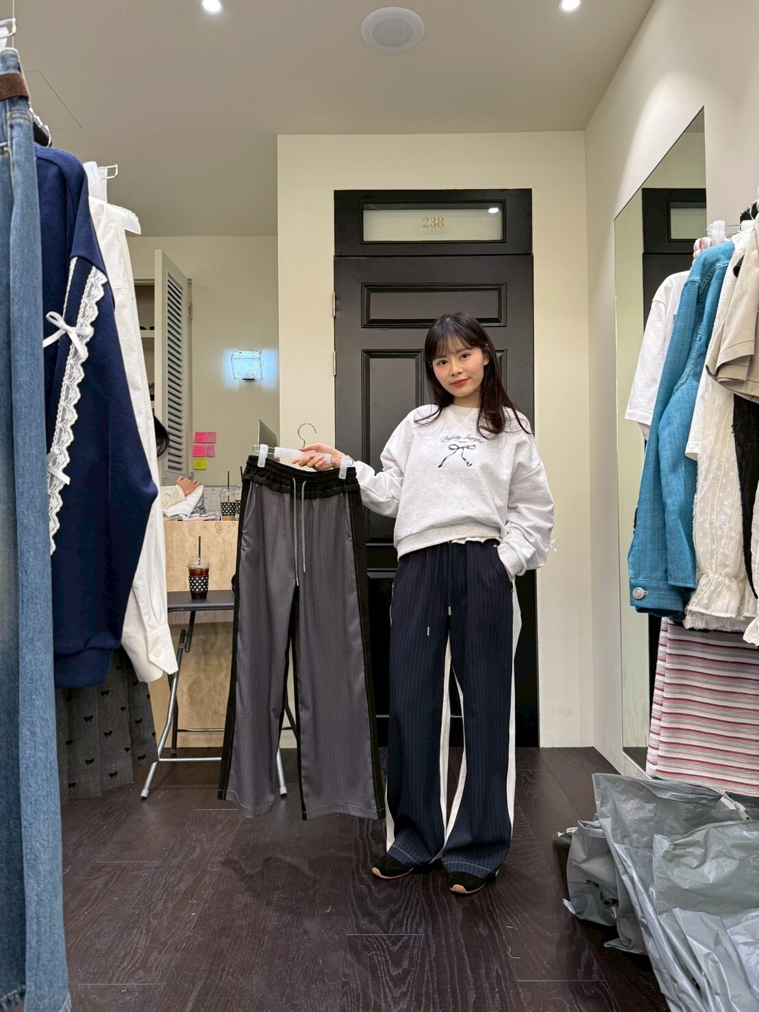 MS5414 顯瘦拼色條紋抽繩長褲