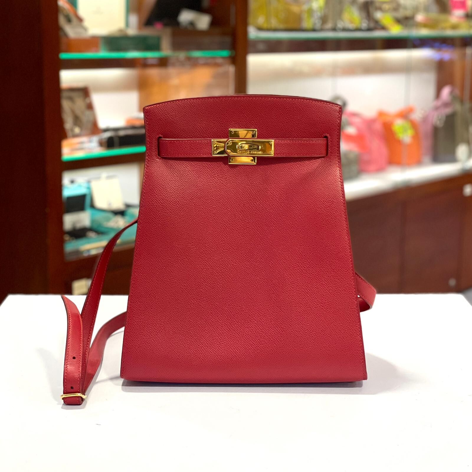 98%NEW二手HERMES單肩/斜背包 Ⓨ刻KELLY SPORT K1 EPSOM GHW石榴紅金扣 #中古包 #香榭站正品