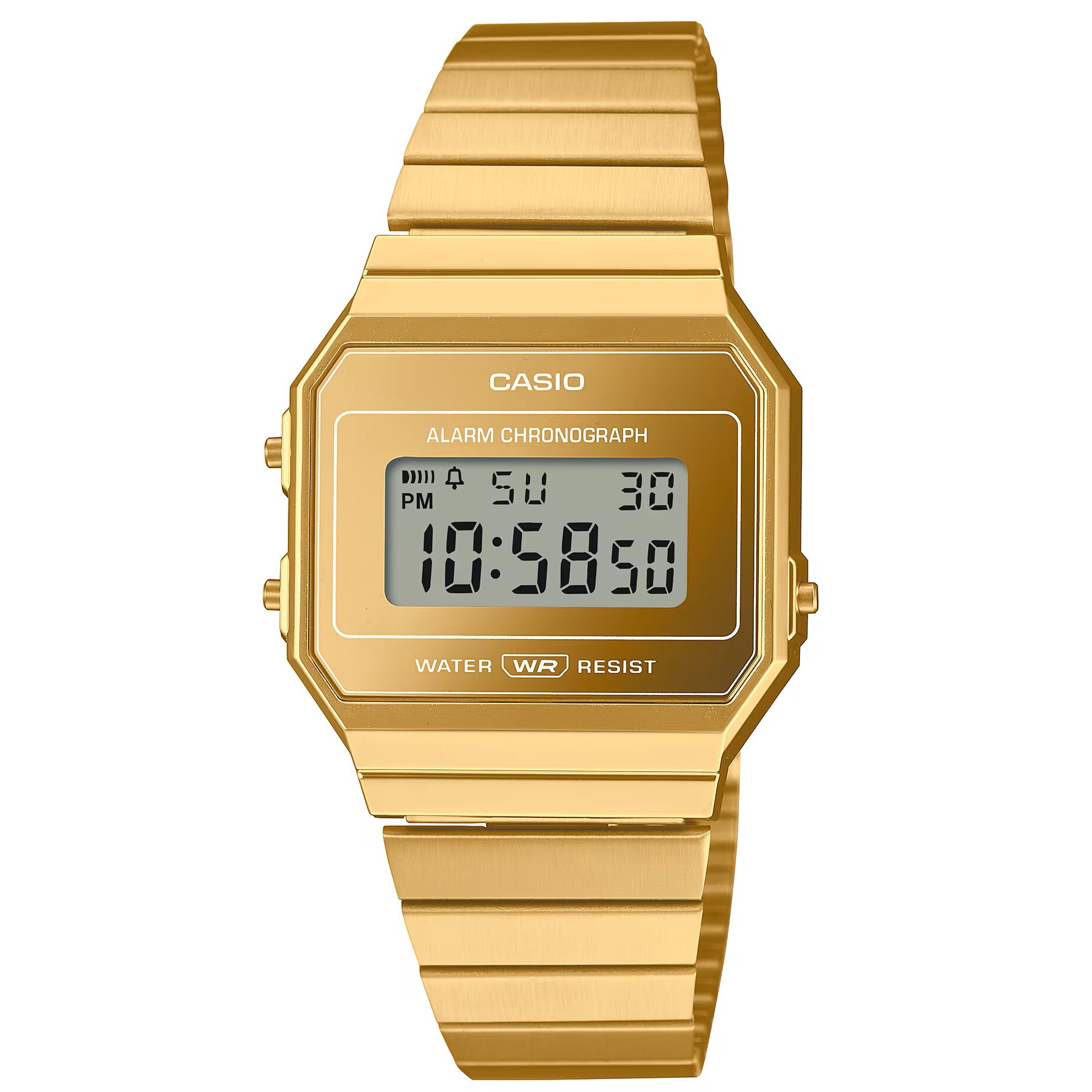 預購款【CASIO 卡西歐】 A700WEVG-9A 復古金 氣質 自動日曆 計時碼錶鬧鈴LED 鋼帶 電子錶 手錶