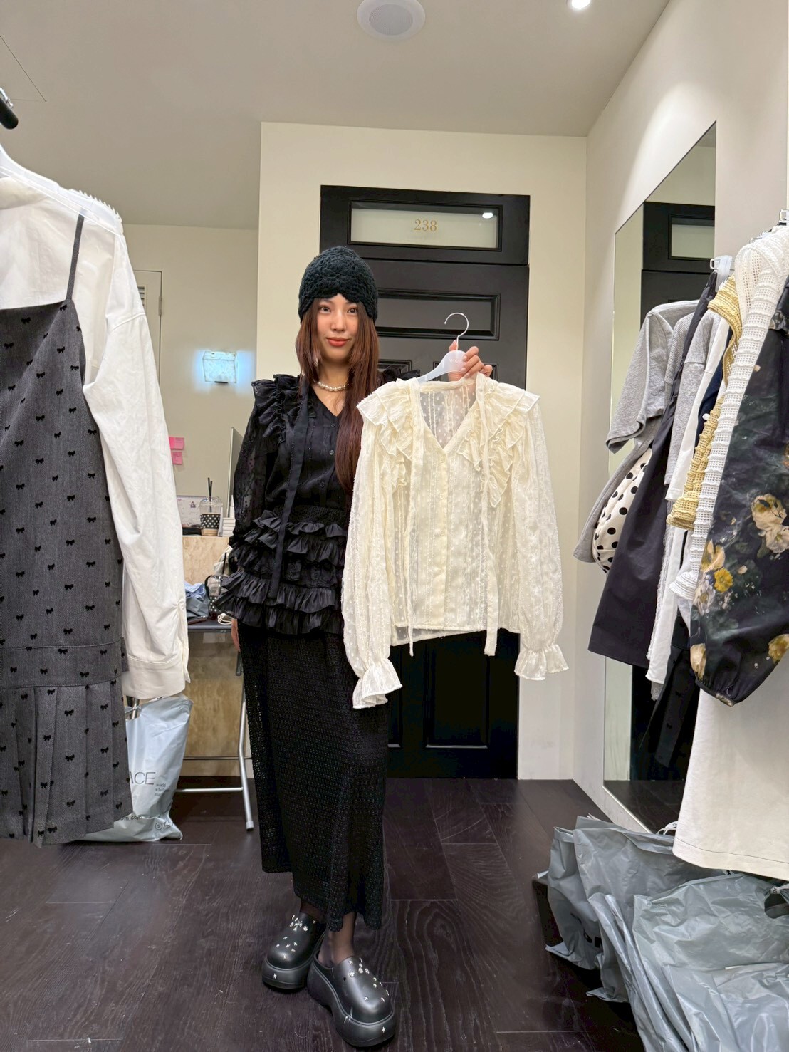 MS5408 日系綁帶暗波點荷葉邊上衣