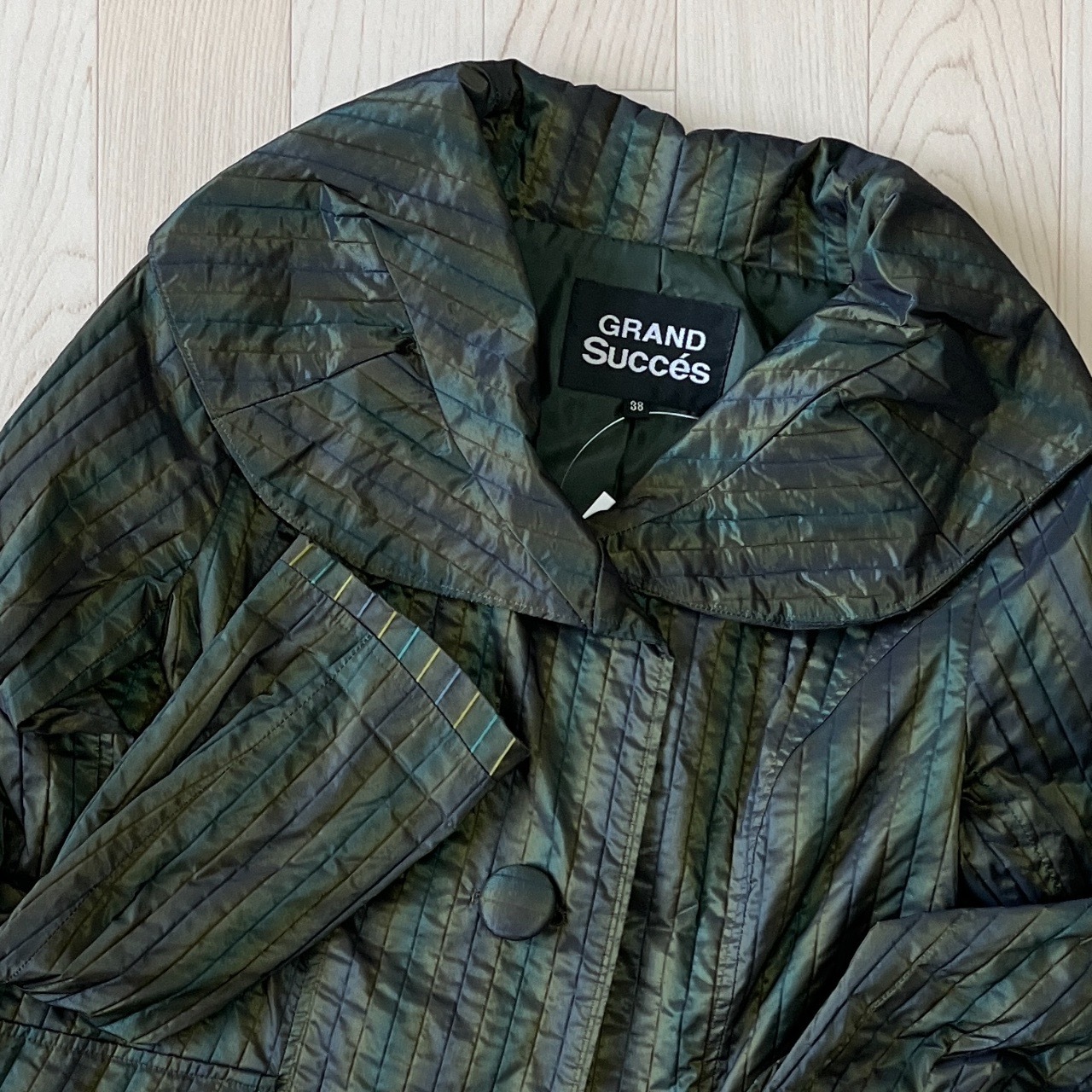 日本製孔雀綠色直紋大圓領古著外套*