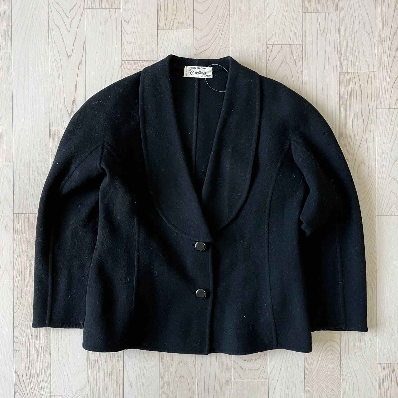 意大利製黑色羊毛小圓領古著外套