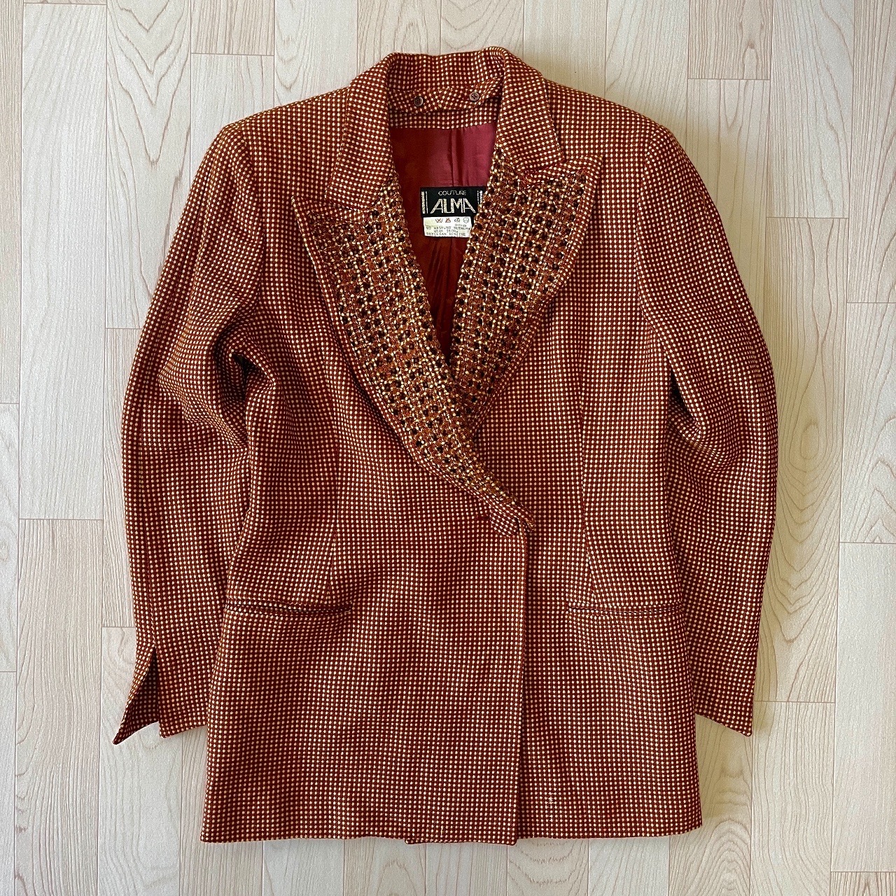 意大利製磚橙色波點織花領羊毛古著外套