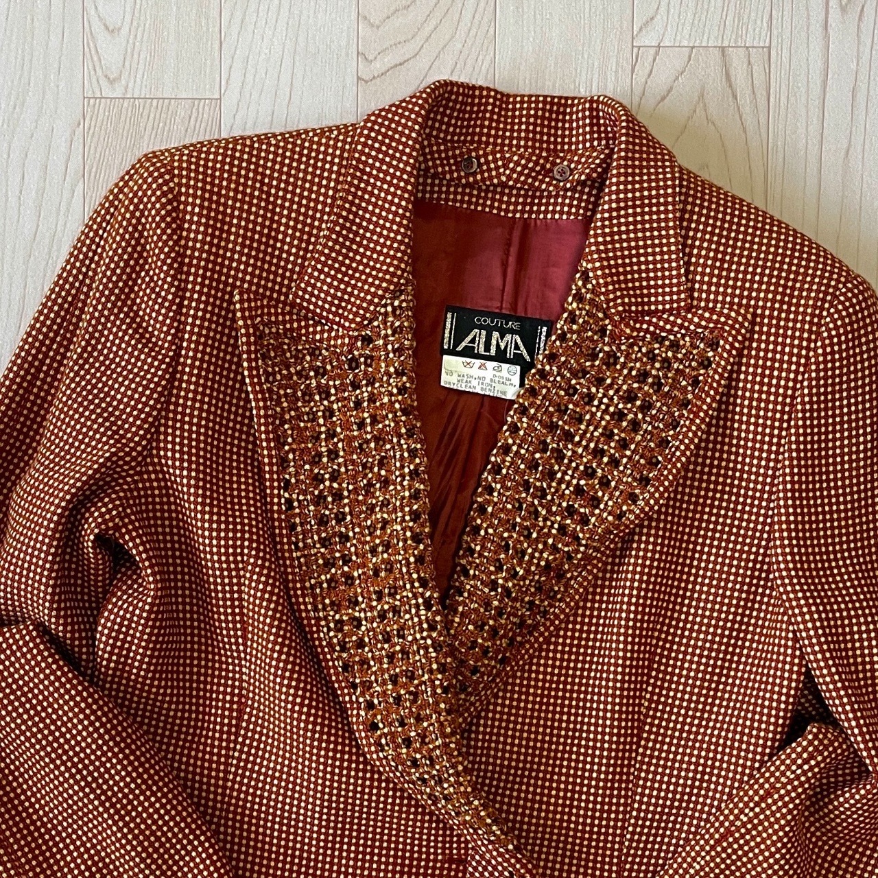 意大利製磚橙色波點織花領羊毛古著外套