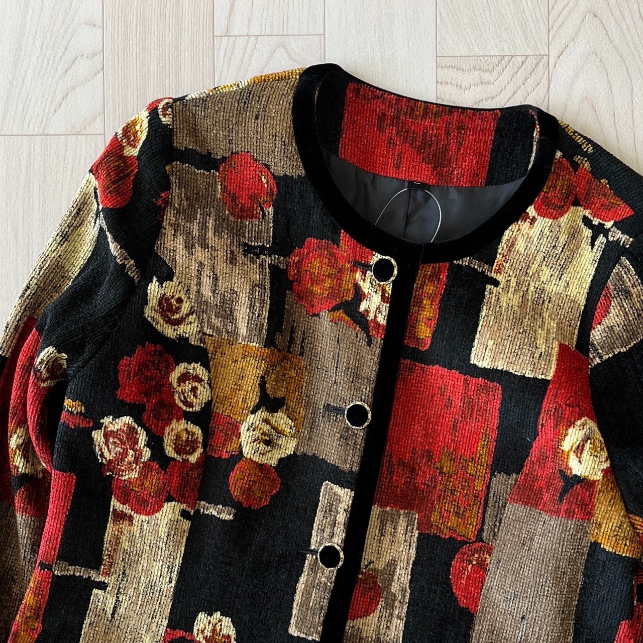 日本製油畫風幾何玫瑰黑色羊毛古著外套