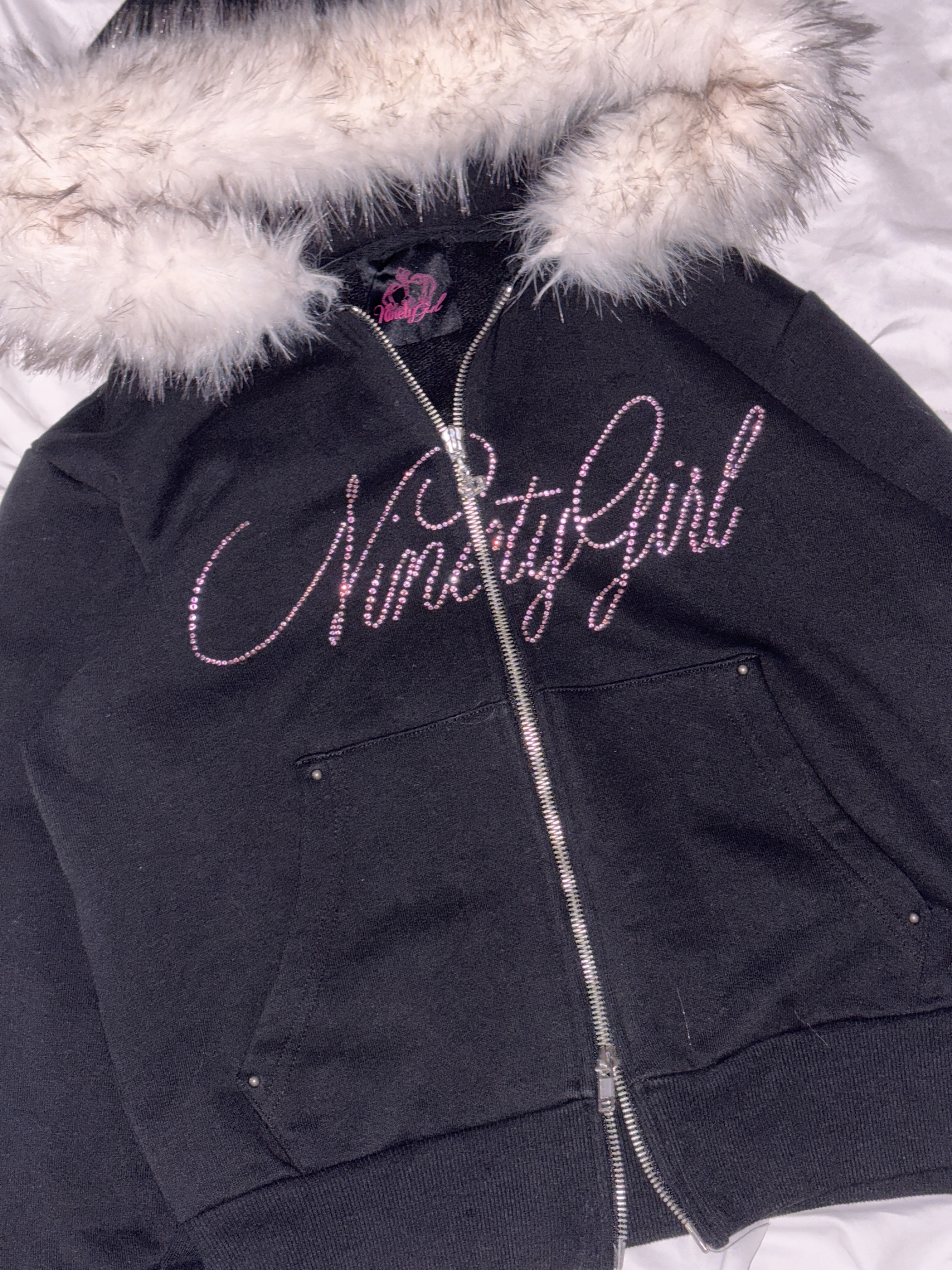 Ninety Girl Rhinestone Fur Zip Hoodie