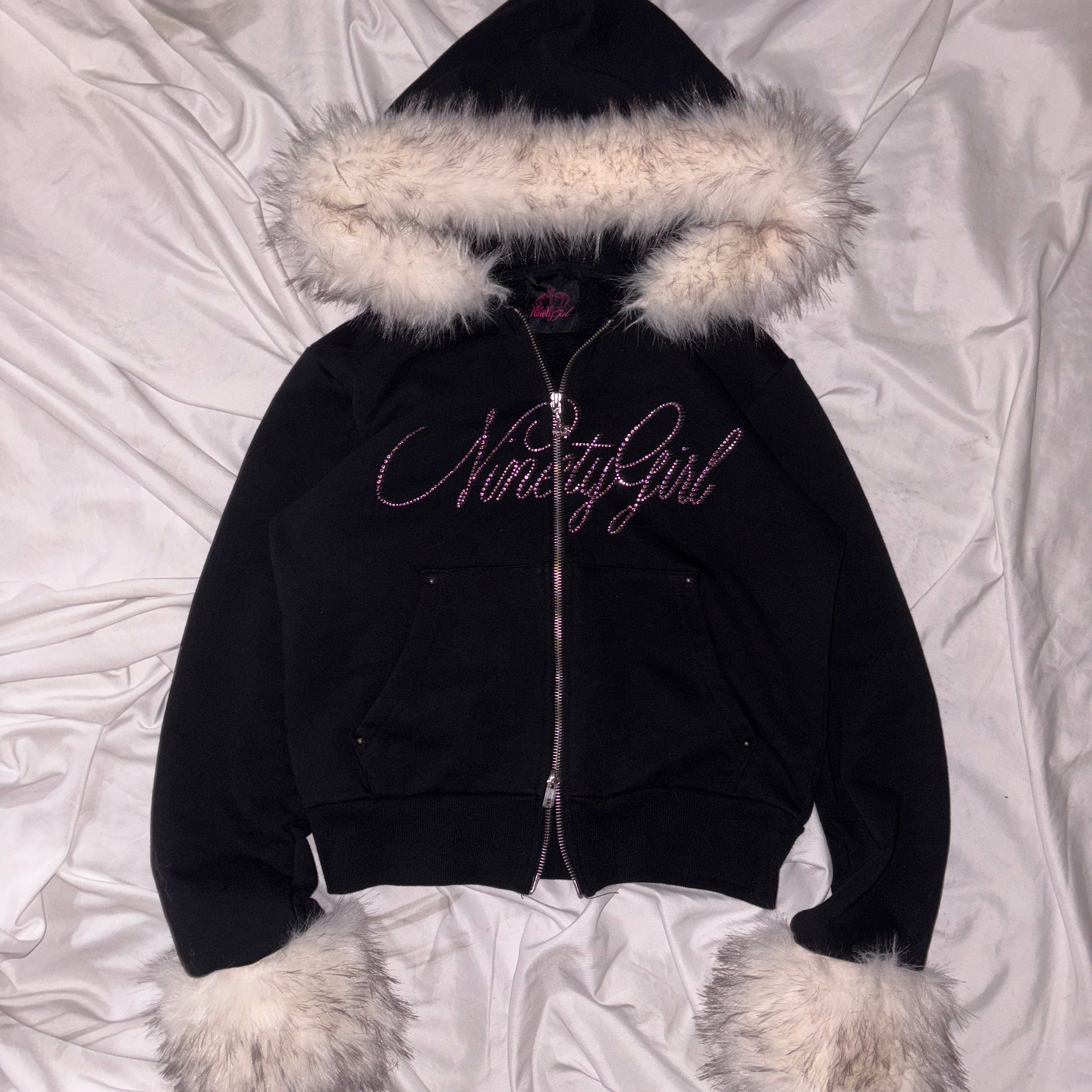 Ninety Girl Rhinestone Fur Zip Hoodie
