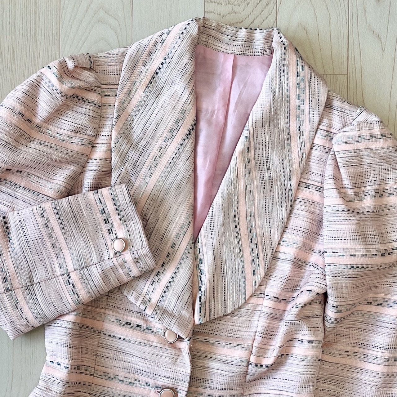 淡粉色大小格子織紋古著外套