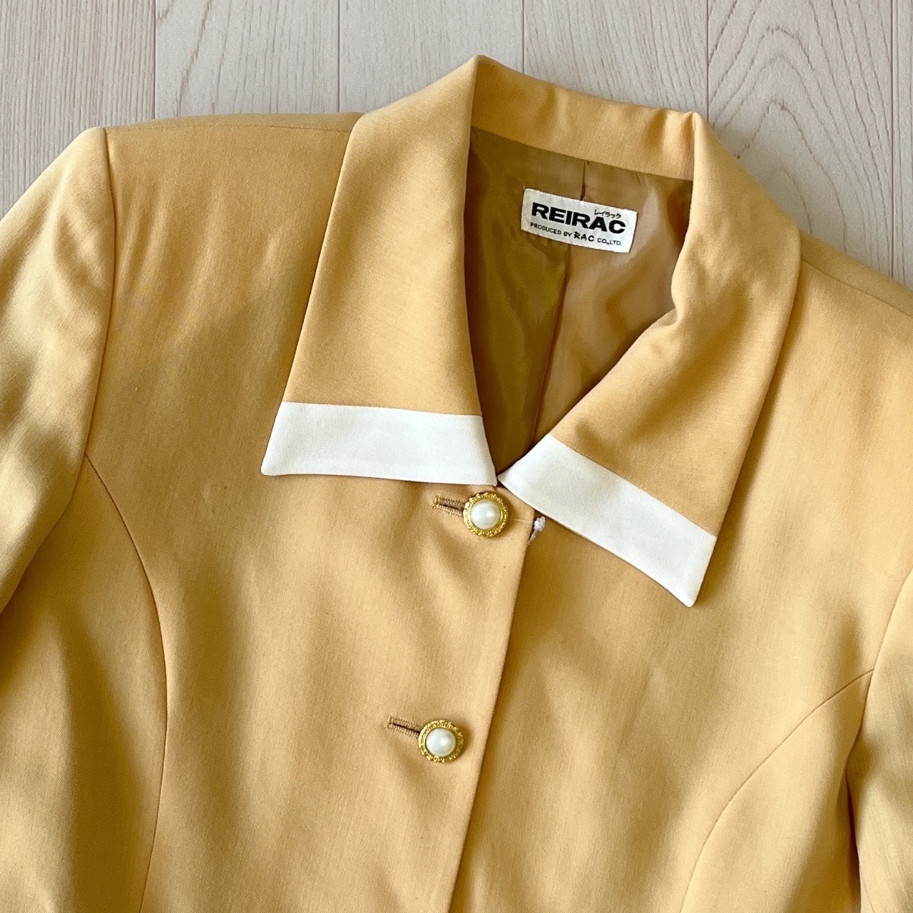 日本製優雅金麥黃拼白色羊毛古著外套