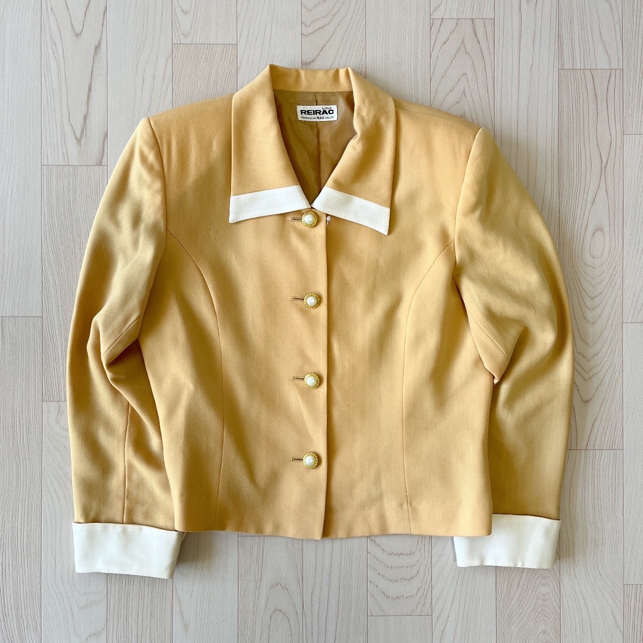 日本製優雅金麥黃拼白色羊毛古著外套