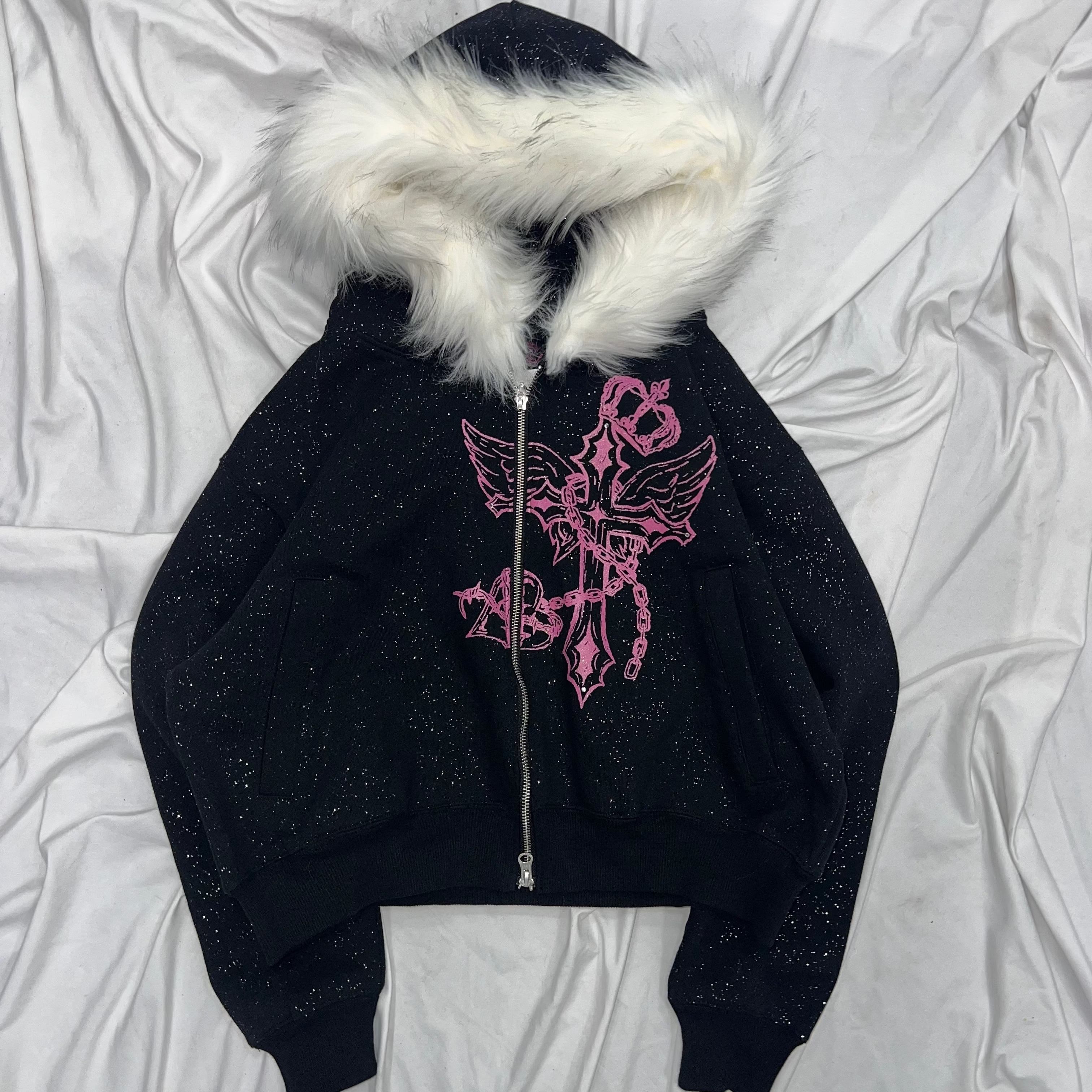 Cross Logo glitter Fur Zip Hoodie