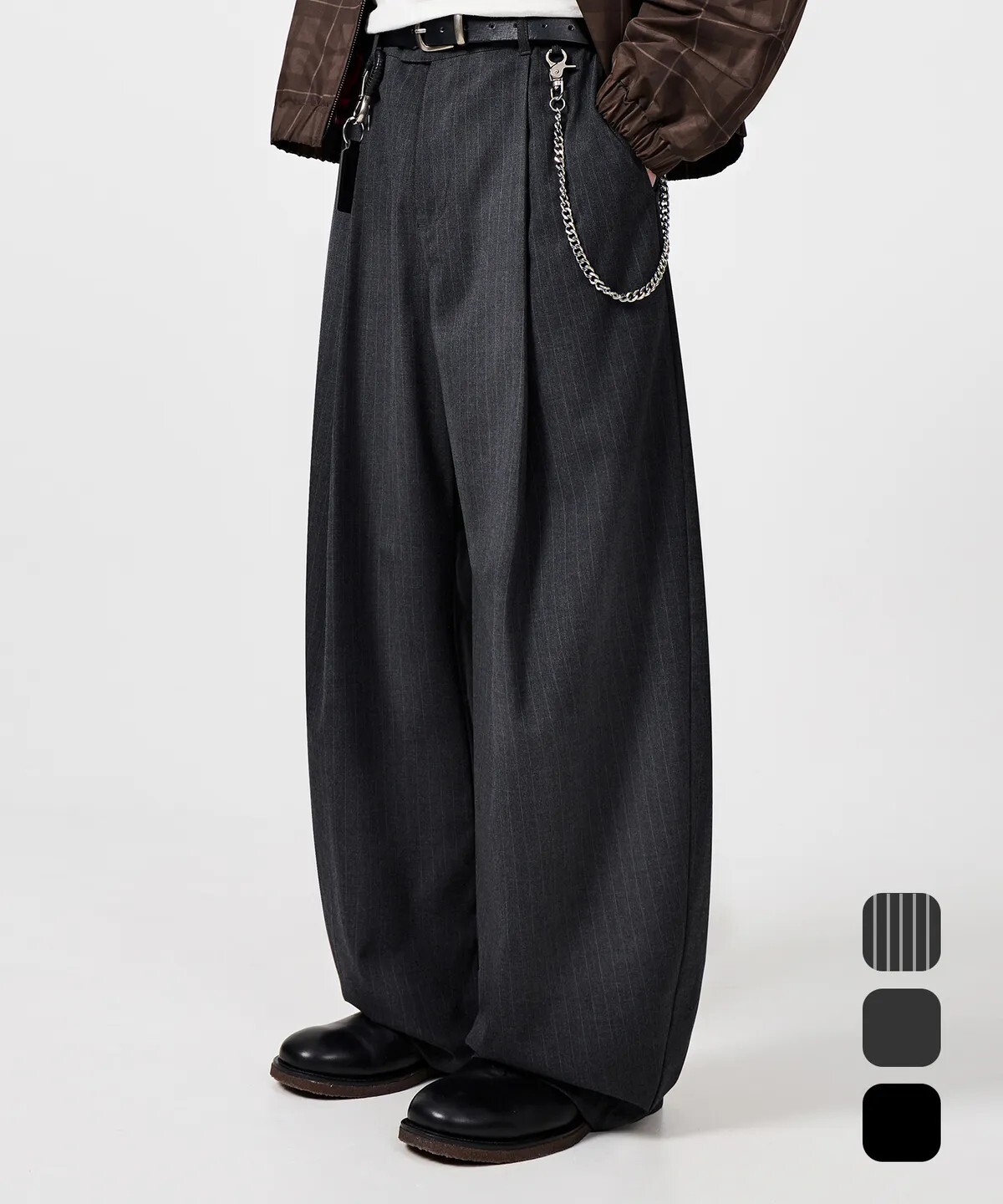 【OWN】Dimitri Black 寬褲 長褲 弧形 休閒褲 復古 潮流 秋冬 不分男女 炭灰 條紋 黑色