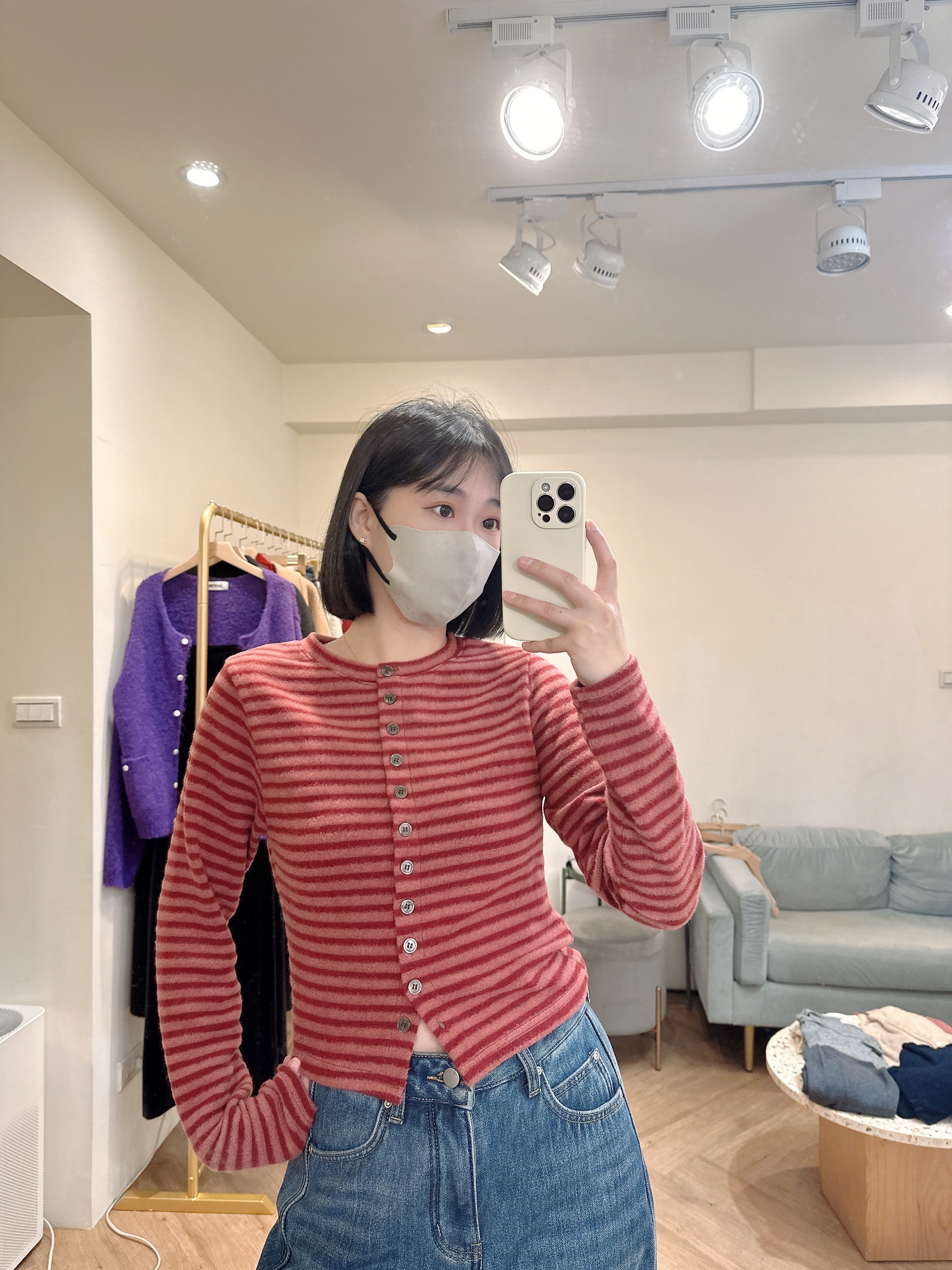 排扣條紋毛呢短版上衣