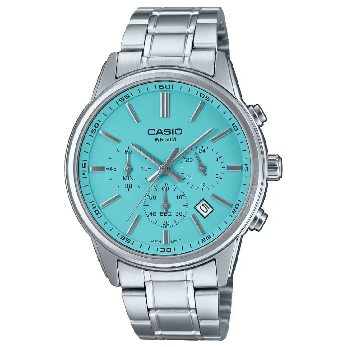 【CASIO 卡西歐】MTP-E515D-2A2 三針三眼 質感金屬 簡約光澤 無字錶盤 運動型計時碼錶 日期 不鏽鋼 手錶