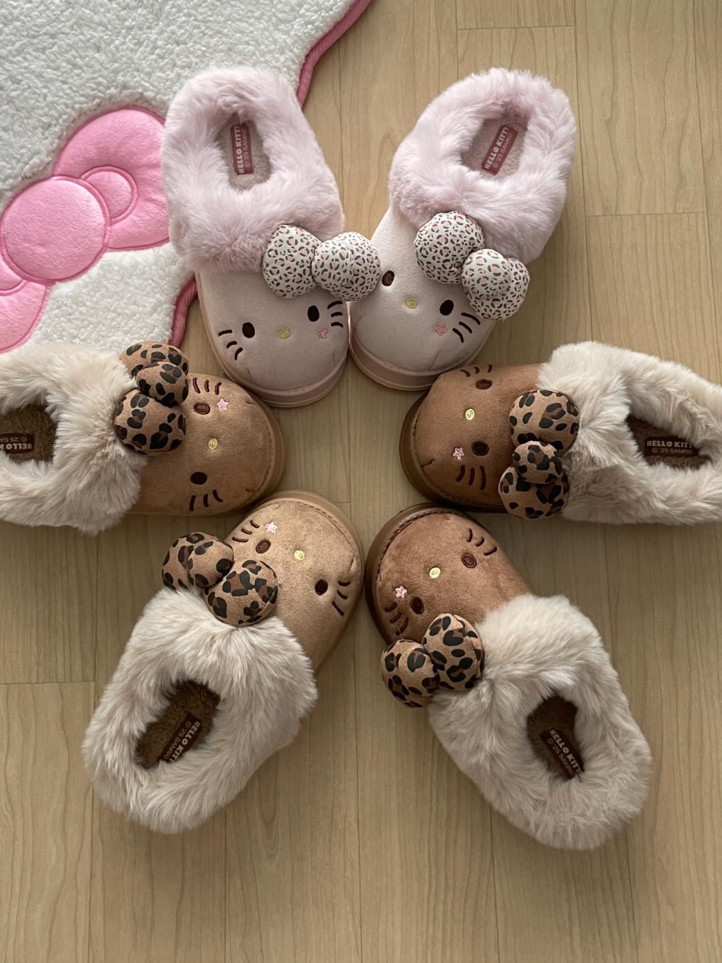 正版授權 Hello kitty 豹紋立體蝴蝶結 雪靴拖鞋 毛毛拖