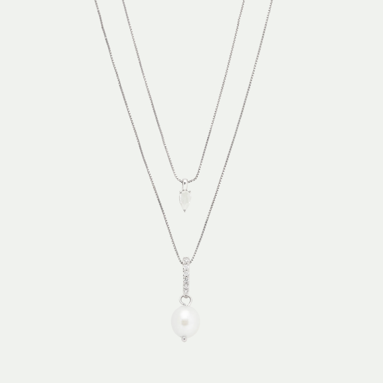 Alaia雙層鋯石與淡水珍珠項鍊-銀