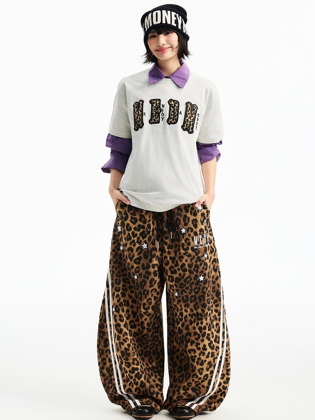 MEDM 刺繡星星 經典豹紋印花 休閒抽繩 彎刀褲 長褲