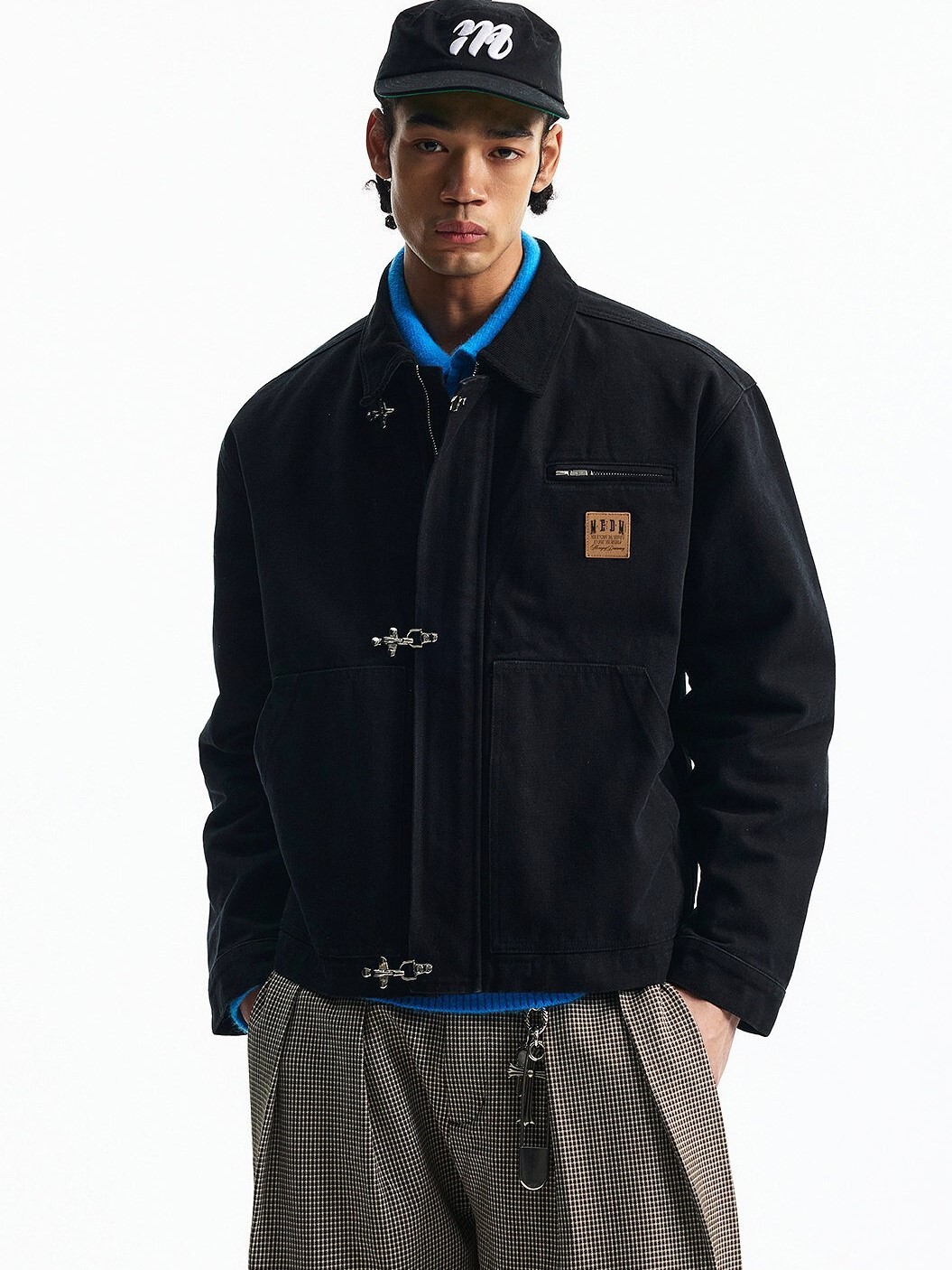 MEDM 毛邊貼布 消防釦 水洗做舊 休閒翻領夾克 寬鬆外套