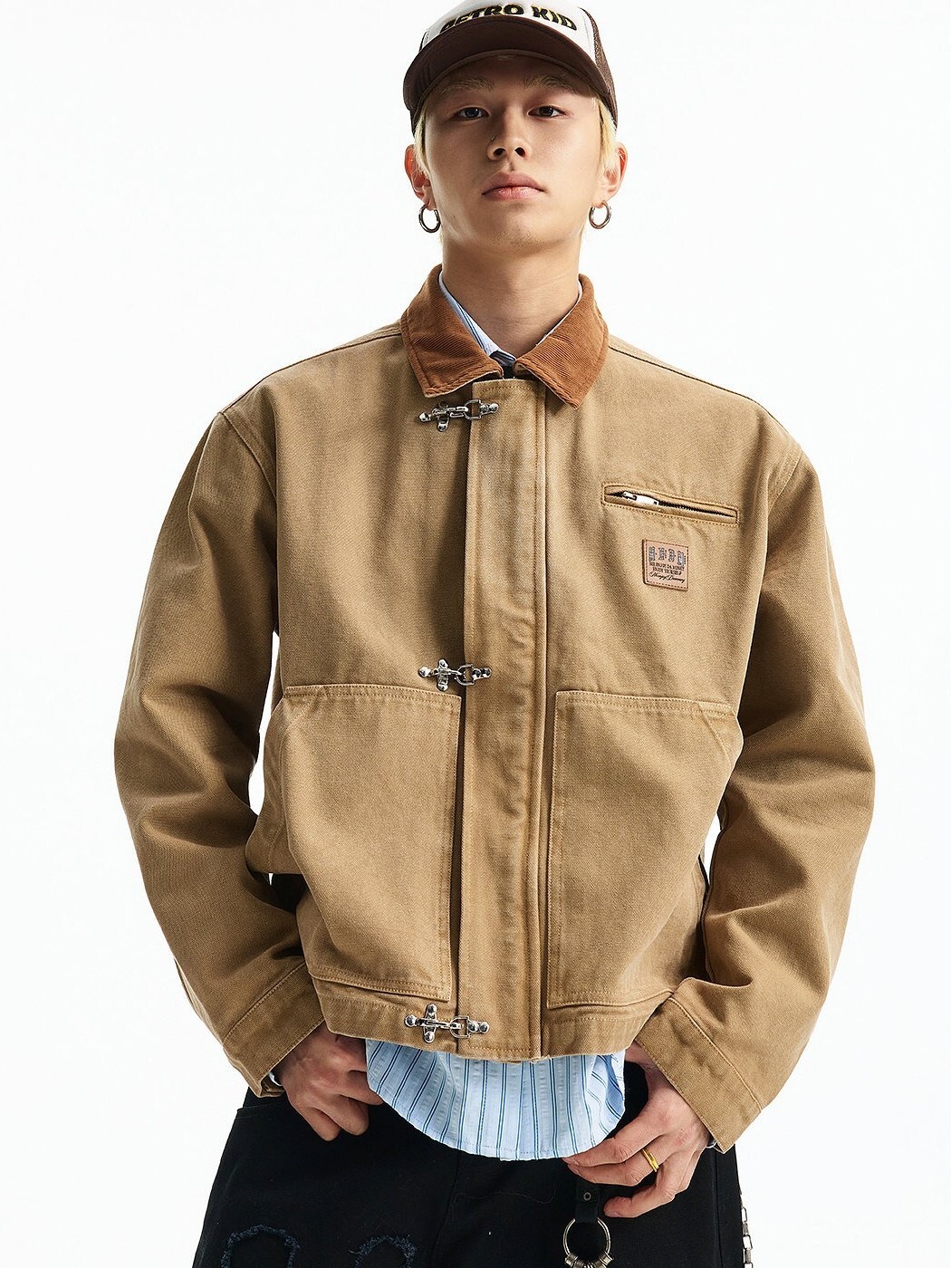 MEDM 毛邊貼布 消防釦 水洗做舊 休閒翻領夾克 寬鬆外套