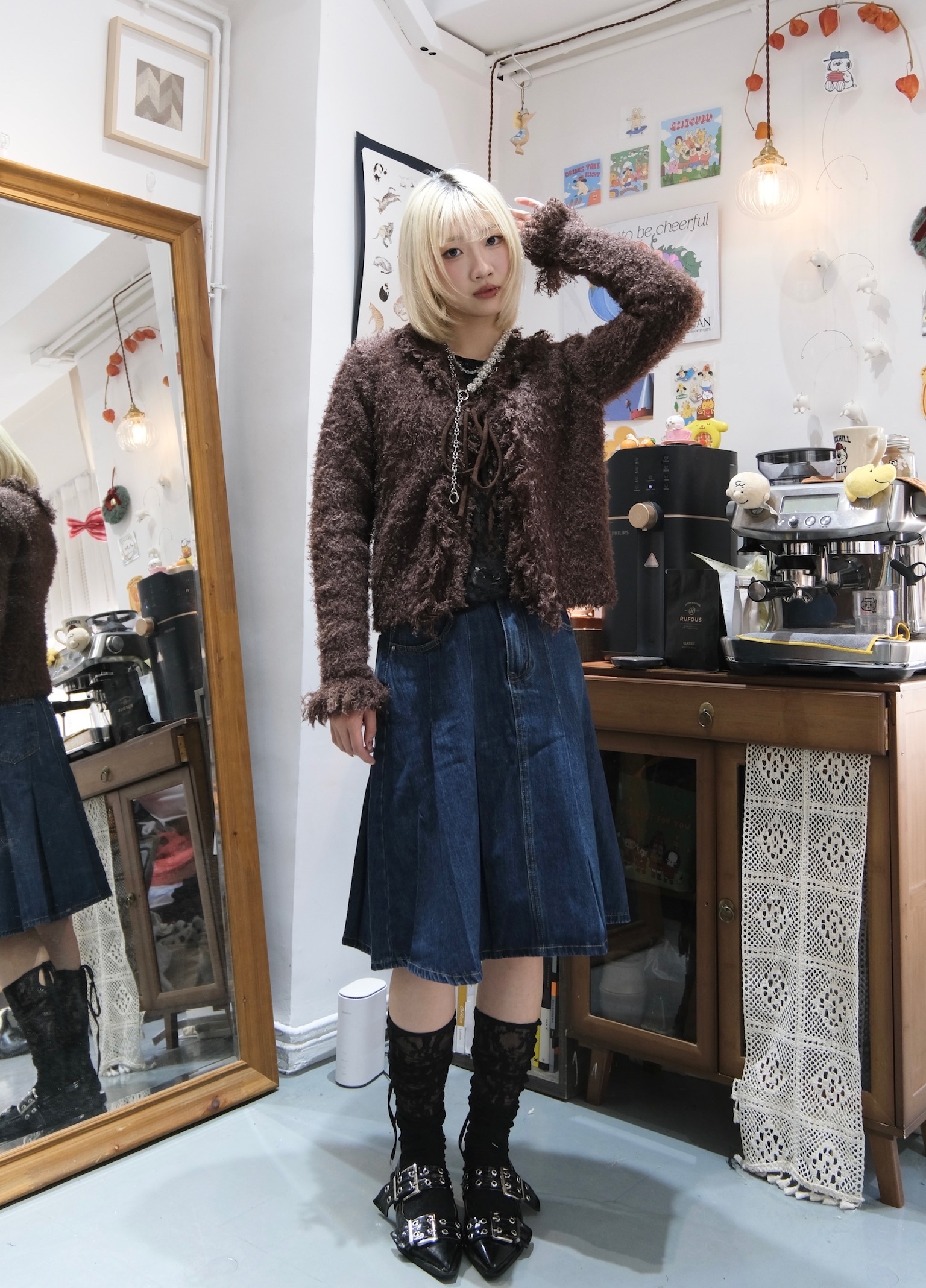 復古牛仔摺摺中長裙