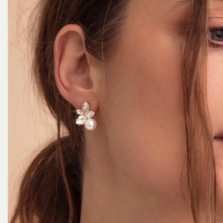 Remi 水鑽珍珠耳釘-14k金