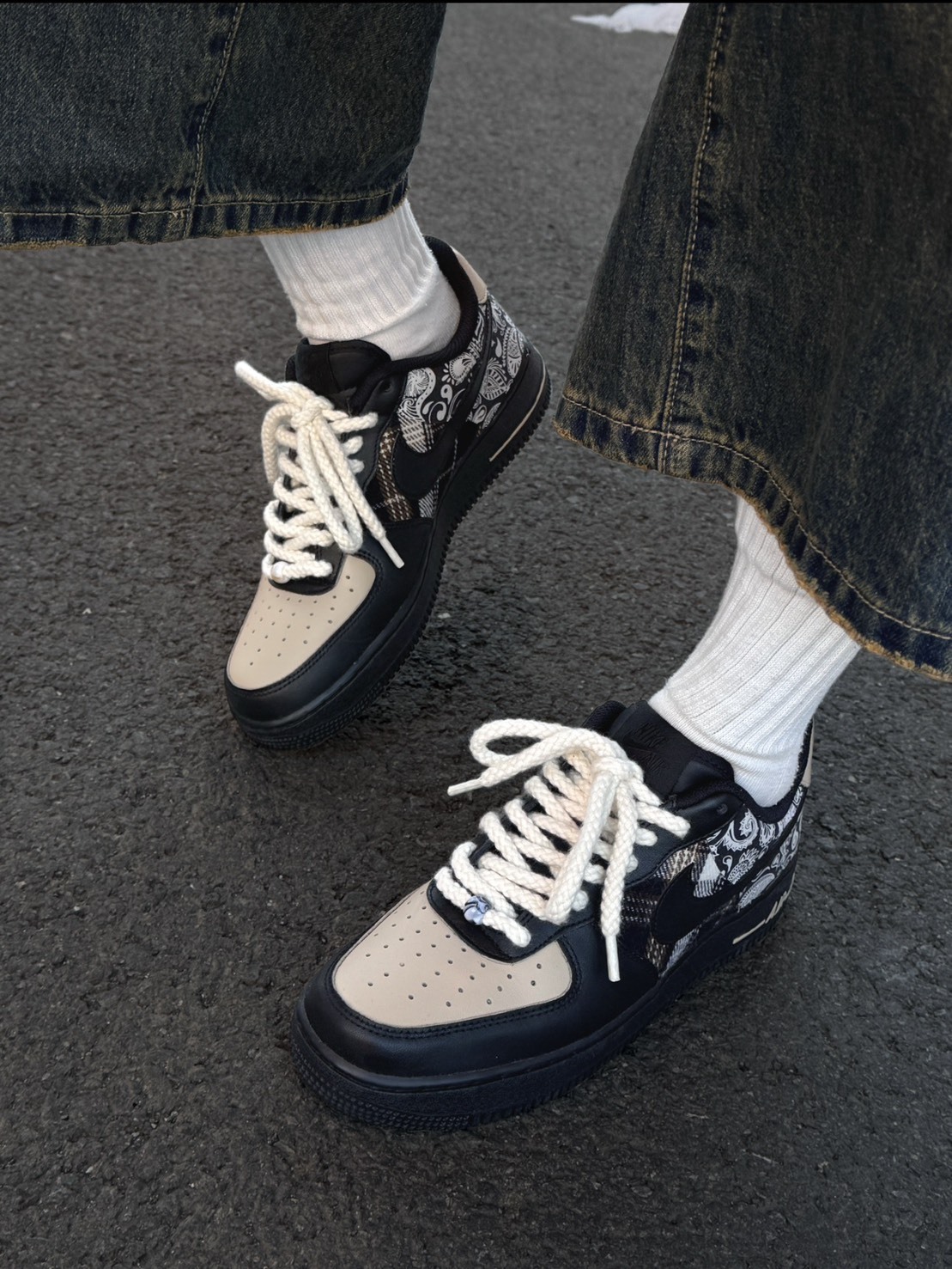 【訂製球鞋】Nike Air Force 1 萬花弄 黑金腰果 經典格紋 復古百搭 男女同款 黑色 CW2288001(Team113-黑金腰果BOX)