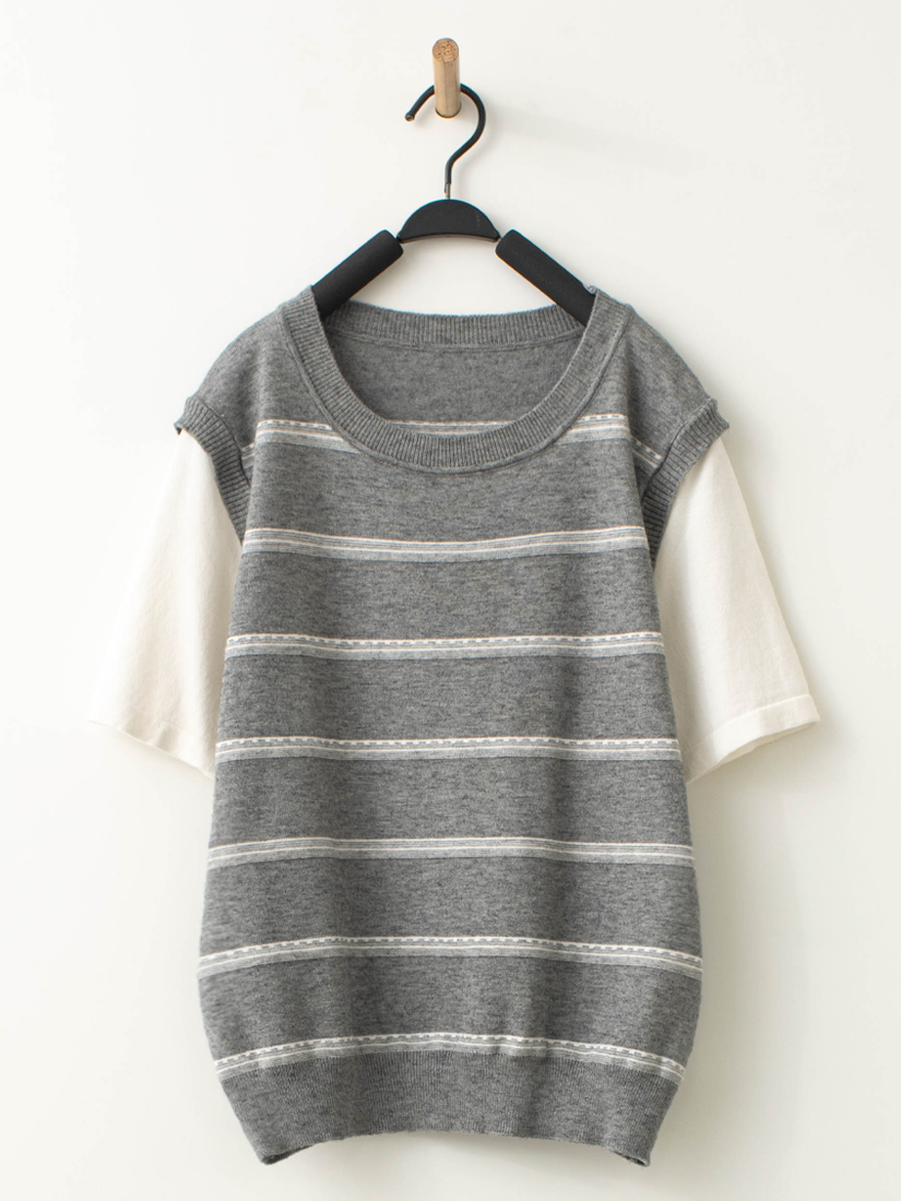 棉柔針織條紋上衣剪裁打褶A字長裙組合