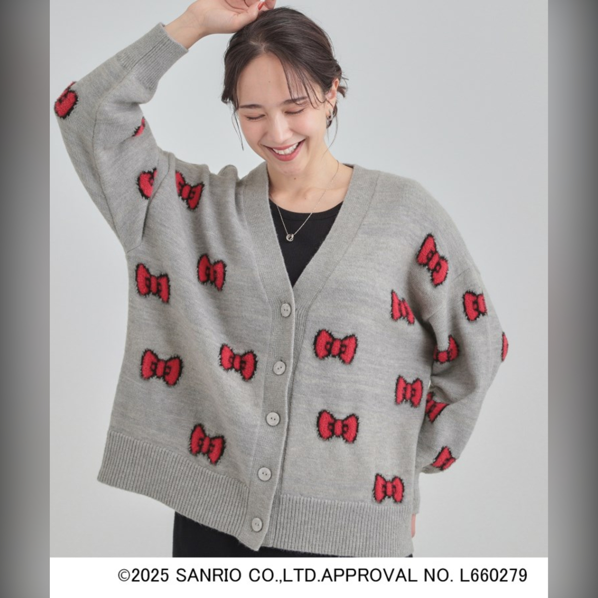 26059-KT Sanrio Hello Kitty × 日版 SHOO・LA・RUE 聯乘 V 領 Jacquard冷衫外套 灰色 #JP-SLR26