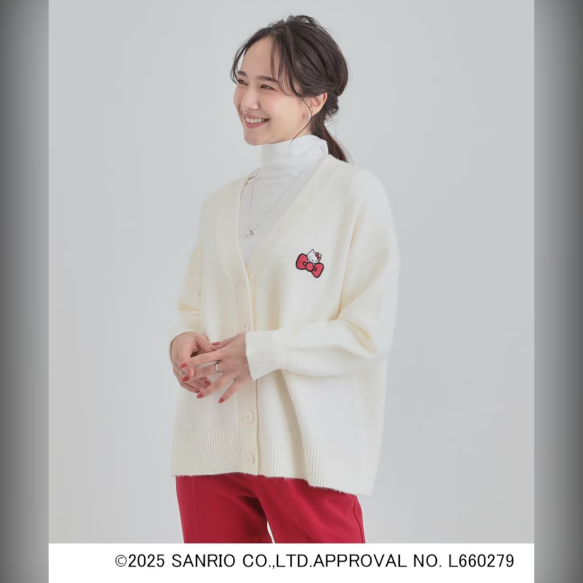 26059-KT Sanrio Hello Kitty × 日版 SHOO・LA・RUE 聯乘 V 領 Jacquard冷衫外套 白色 #JP-SLR26