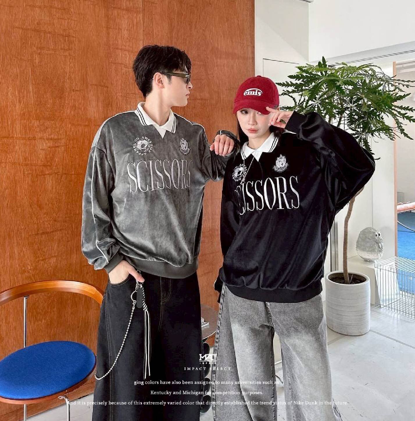 【POLO衫】假兩件 POLO 天鵝絨 刺繡 大學T 寬版 兩色