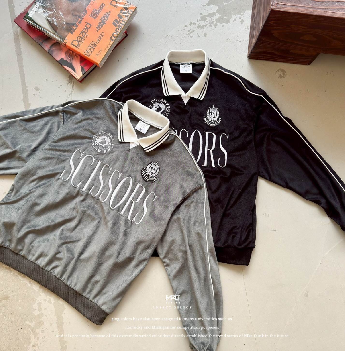 【POLO衫】假兩件 POLO 天鵝絨 刺繡 大學T 寬版 兩色