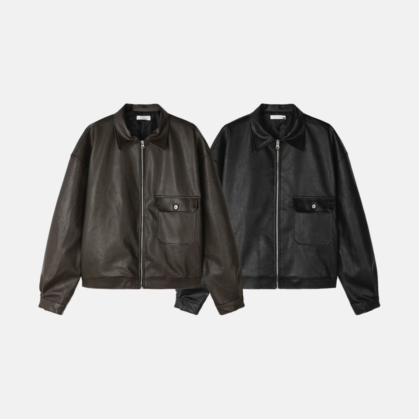 反領淨色拉鍊合成皮外套 JK2780