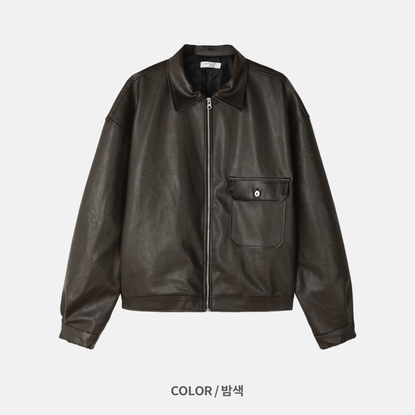 反領淨色拉鍊合成皮外套 JK2780