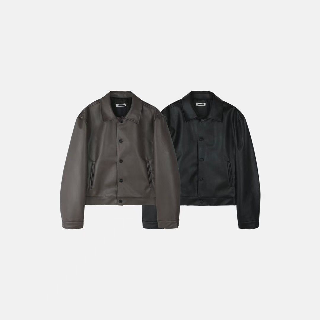 反領淨色合成皮外套 JK2782