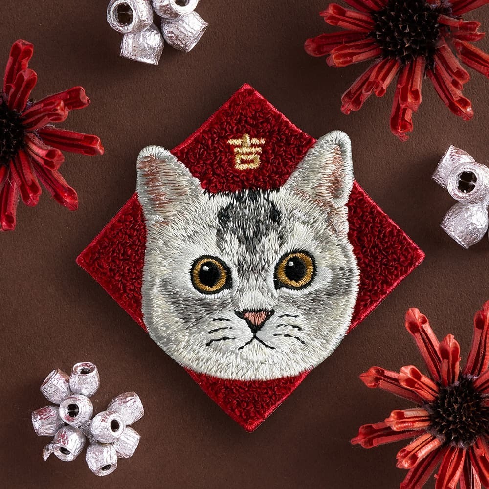 銀灰曼赤肯 貓咪 春聯刺繡貼紙｜ Sin意工作室