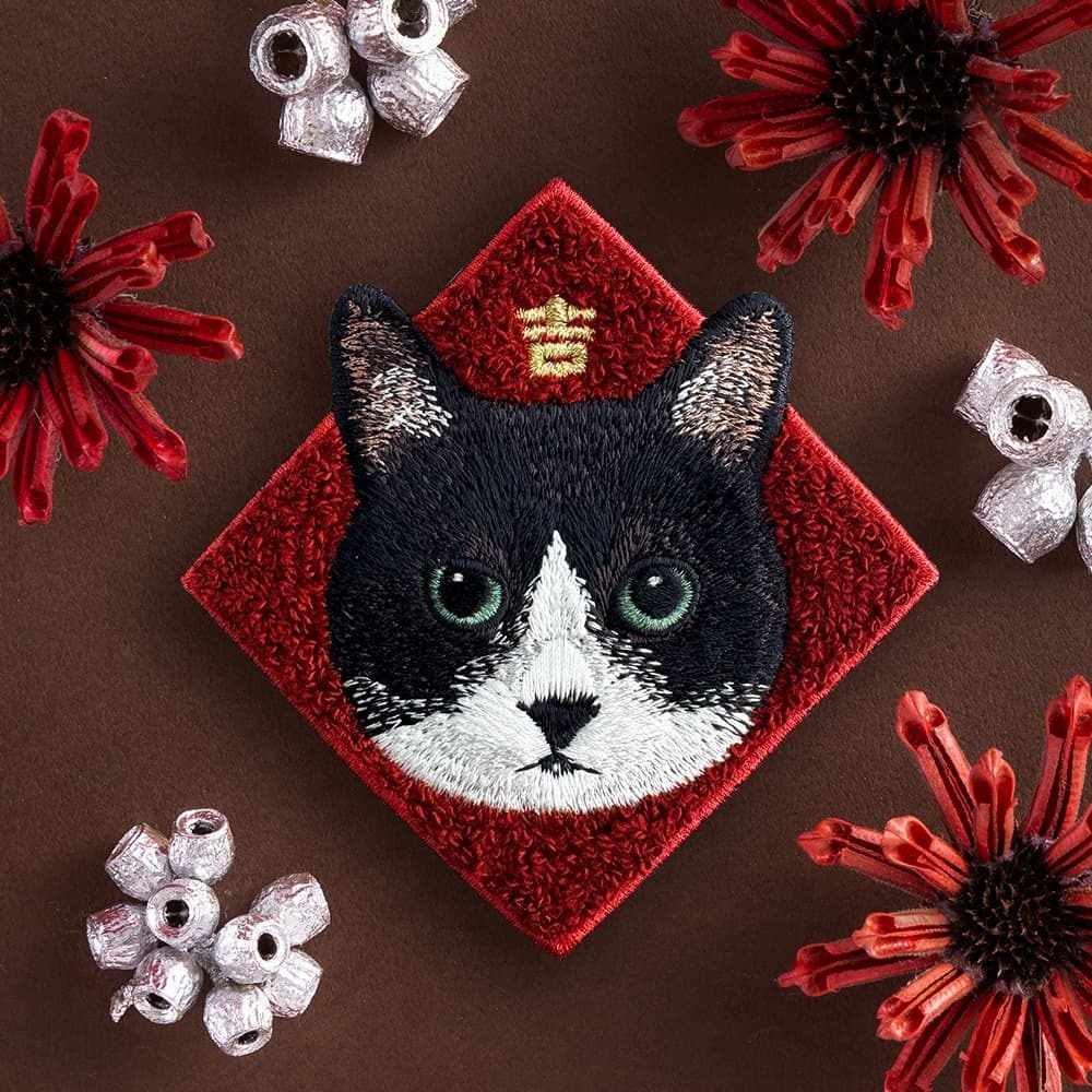綠眼黑鼻賓士貓 貓咪 春聯刺繡貼紙｜ Sin意工作室
