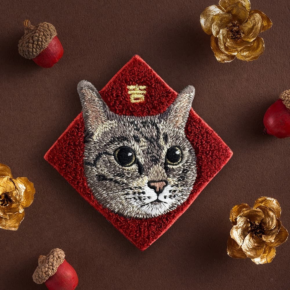 大眼虎斑貓 貓咪 春聯刺繡貼紙｜ Sin意工作室