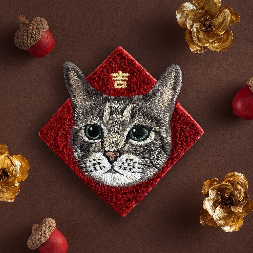 綠眼虎斑貓 貓咪 春聯刺繡貼紙｜ Sin意工作室