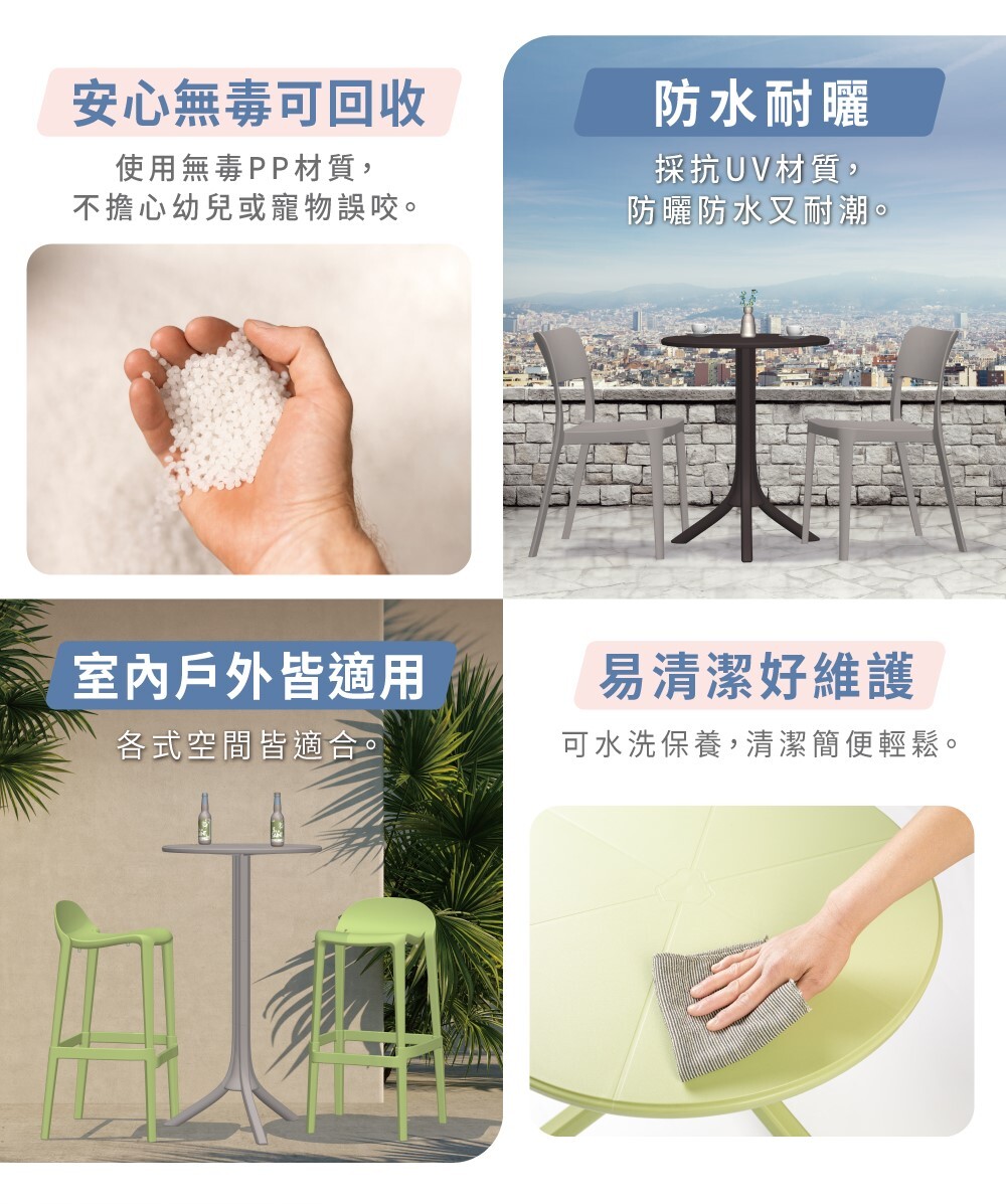 西雅圖圓桌系列使用無毒PP材質,防水、耐曬,室內戶外等多元環境皆適合,且容易清潔