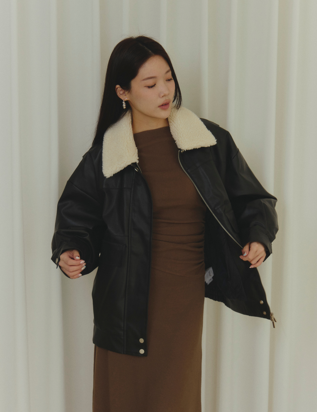 可拆領口袋皮革外套（2尺寸）