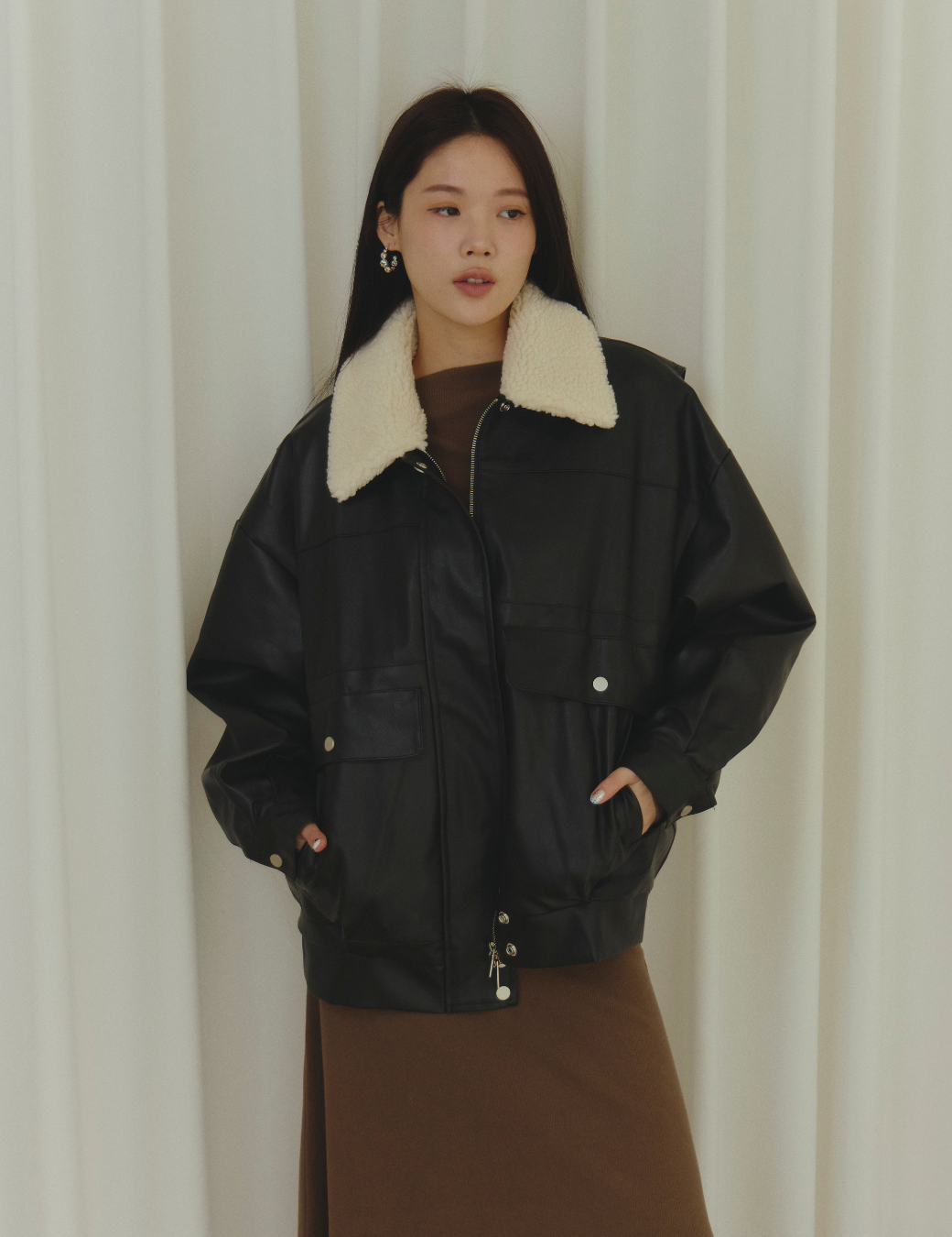 可拆領口袋皮革外套（2尺寸）